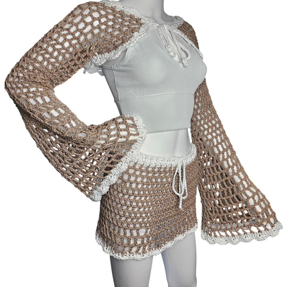 Handmade Crochet Festival Set, Bell Sleeve Front Tie Shrug & Mini Skirt, Taupe - Picture 10 of 14